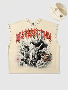 ROMWE MEN Street Life 男士印花铆钉宽松背心 - 杏色 - 查看 1