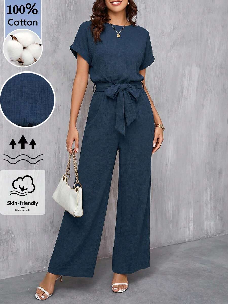 SHEIN Clasi Bộ jumpsuit dài nữ màu xanh dương thanh lịch, cổ tròn, hai lớp vải cotton nhăn, thắt eo, thích hợp cho kỳ nghỉ hè, hẹn hò, đi làm và du lịch. - Màu xanh lam - Xem 1