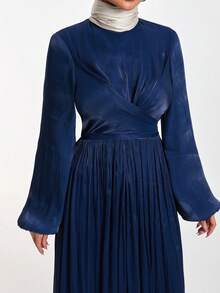 EURMUSE Elegant Navy Blue Middle Eastern Maxi Dress With Pleated Skirt And Wrap Front – Modest, Long Sleeve - Navy Blue - View 7