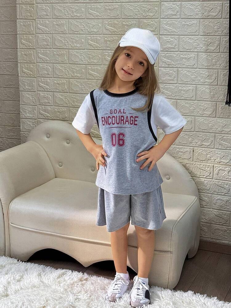 Young Girls Summer Sports Set, Letter Print Korean Style Short Sleeve T-Shirt Set