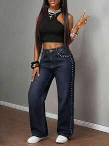 Slaydiva 夏季女士派对休闲夏季度假装扮，铆钉设计口袋阔腿宽松休闲牛仔裤 - 藍色 - 查看 4