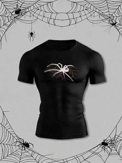 Manfinity Sport Corelite Camiseta casual de manga corta tipo raglan con estampado de araña para hombre, para fitness y entrenamiento