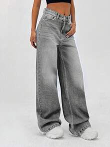 SHEIN Cottnline 100% Cotton HIGH RISE WIDELEG FIT VINTAGE WASH WOMEN BAGGY JEANS - Dark Grey - View 4