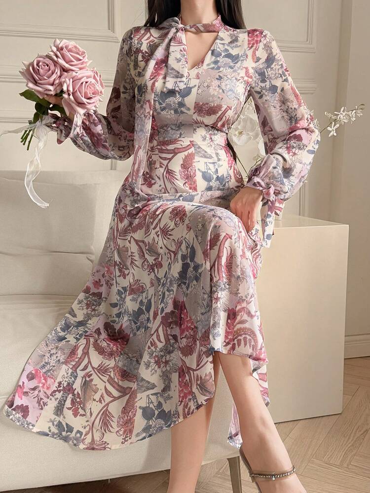 Women's Elegant Floral Print Midi Dress With Tie Collar, Spring/Summer Boho Sun Dresses For Women Vacation Outfits Women