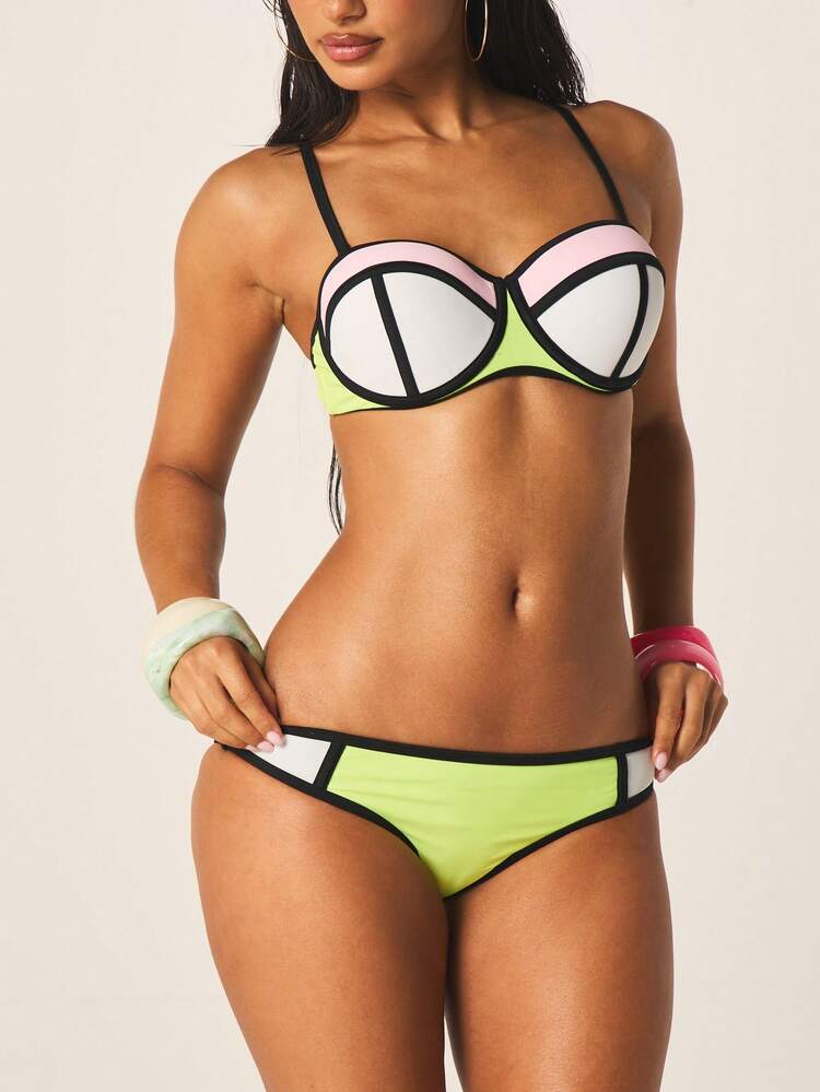MISSGUIDED Beach Women's Color Block Bikini Set With Geometric Contrast Detailing Underwire Support Strapless And Cheeky Bottom Two Piece Summer Swimwear