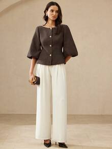 Aveloria Rosie 时尚简约百搭通勤优雅奢华复古设计人字纹拼接圆领收腰灯笼袖女士西装外套 - 彩色 - 查看 5