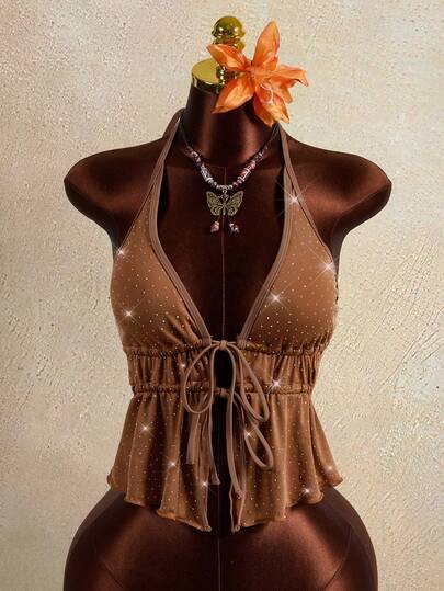 Zestiva レディース サマーカジュアル ラインストーン グリッター ホルターネック ギャザー 巾着 水着トップス