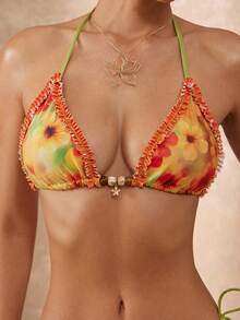 Lumalex 扎染花卉印花串珠配饰，小花朵吊坠，项链系绳，比基尼泳装两件套 - 彩色 - 查看 8