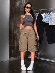 SHEIN ICON 女士休闲水洗牛仔工装短裤 - 卡其色 - 查看 6