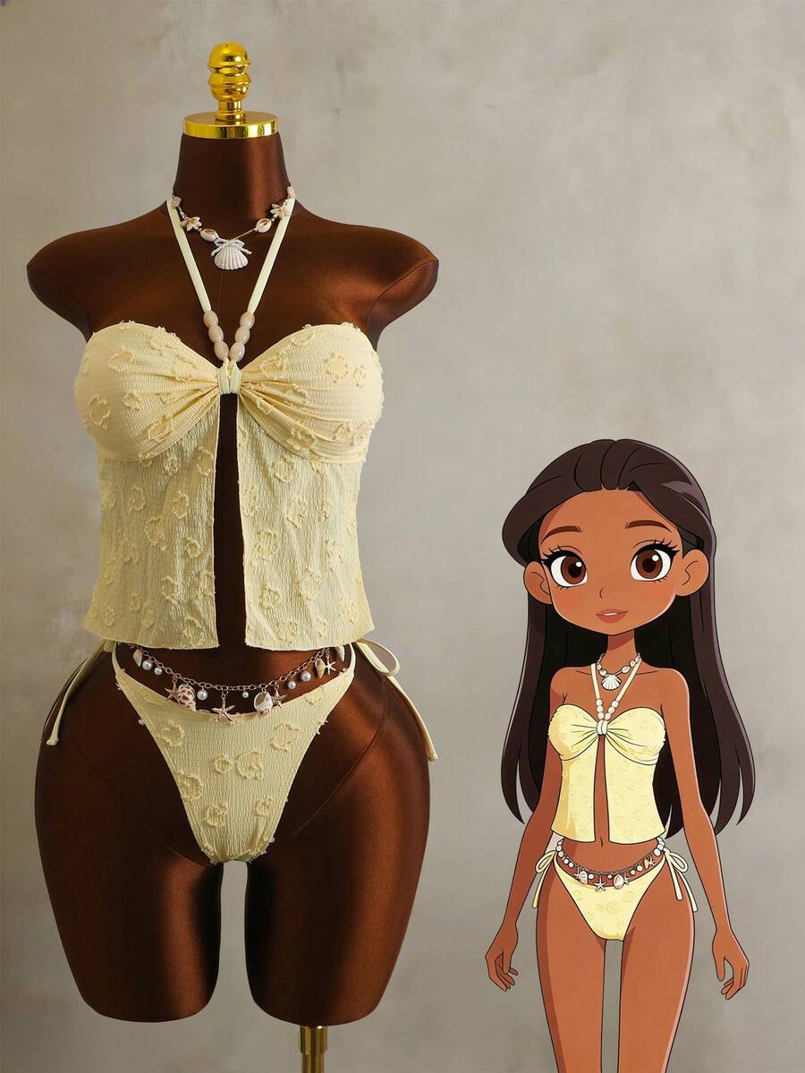 Zestiva 2026 New Spring/Summer Women 2pcs Yellow Bandeau Bikini Set, Beach Vacation Casual Swimwear Cream Bikini Two Pieces Vacation Set - Yellow - View 1