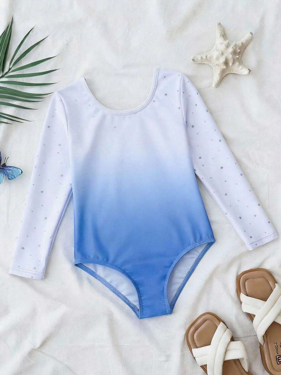 SHEIN Emery Rose Kids Kids Young Girl Long Sleeve Swimsuit,Ombre Style Snowflake Print Rash Guard Bathing Suit,Gymnastics Style Summer Beach Holiday Casual Vacation Wear - Blue and White - View 1
