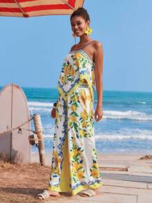 Travachic Bộ đồ 2 mảnh dành cho nữ, gồm áo hai dây vạt lệch và quần ống rộng in hoa, thích hợp mặc hàng ngày hoặc đi nghỉ mát, mang phong cách nhiệt đới, bohemian, miền Tây, họa tiết vẹt nhiệt đới, phù hợp cho kỳ nghỉ hè, trang phục đi biển cho nữ. - Nhiều màu - Xem 5