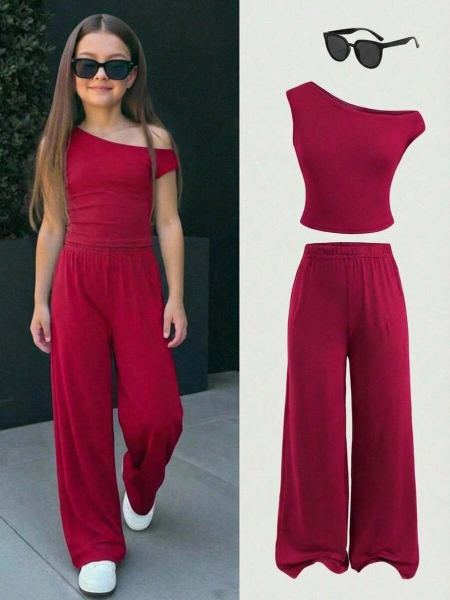 SHEIN Tween Girl Spring/Summer Casual Commuter Fitted Off Shoulder Ruched High-Stretch Knit T-Shirt And Matching Woven Slim Straight Leg Pants Set, Burgundy - Burgundy - View 1