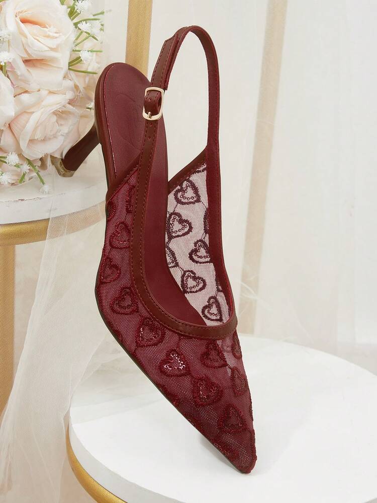 CUCCOO HITCHD Summer And Autumn Burgundy Mesh Embroidered Sequin Pointed Toe Thin Heels Sexy And Elegant Women's High Heels Shoes Summer Shoes Wedding Shoes Bride Shoes