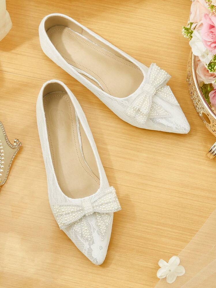 CUCCOO HITCHD Women's Flat Pointed Toe Floral Mesh Faux Pearl Rhinestone Bow Slip-On Casual Comfortable Loafers Wedding Shoes Spring Shoes Bride Shoes