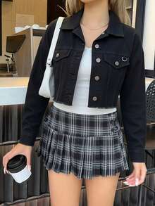 Chamarra mezclilla cropped corta ruedo deshilachado - Negro - Ver 1