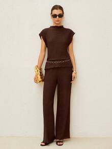 Lymera 女士休闲纹理竖条纹无领插肩袖上衣和阔腿裤套装，春夏款 - 咖啡棕 - 查看 7