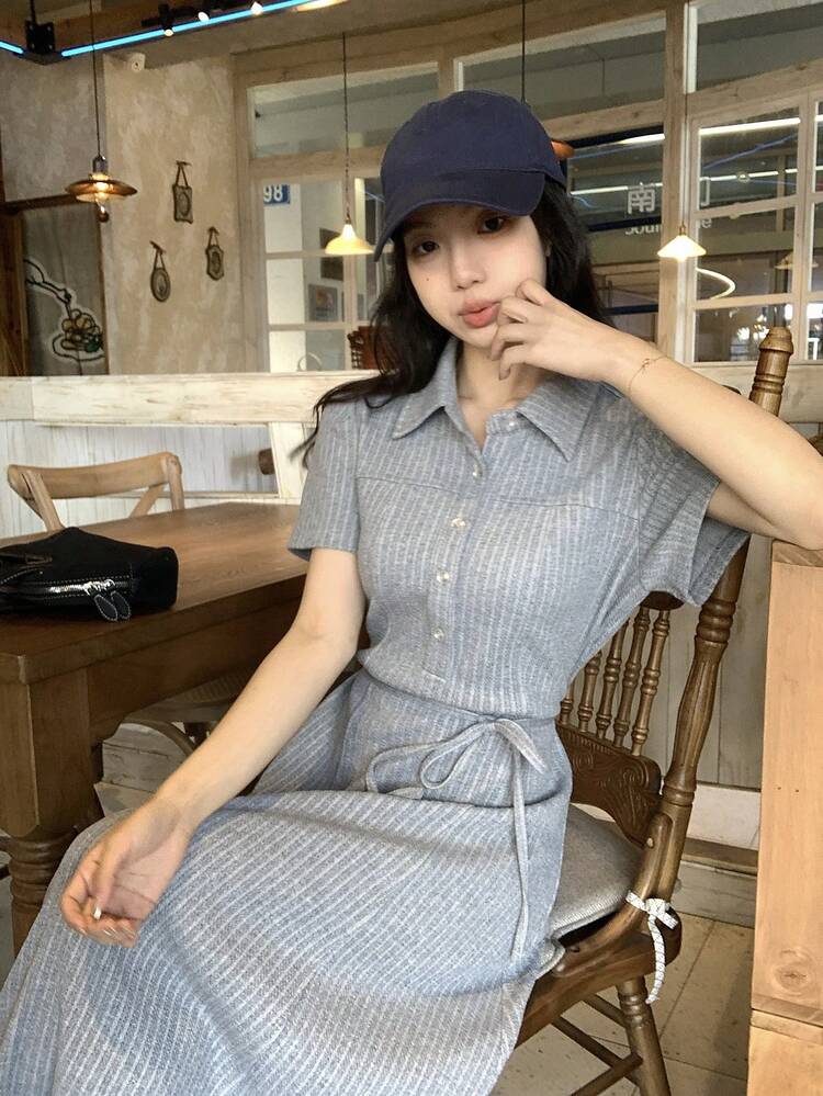 DAZY Women's Striped Button Casual Minimalist Midi Dress For Party - Grey - View 4