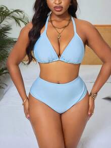 Slaydiva Blue Halter Bikini 3 Pieces Set With Sheer Sarong, Perfect For Beach Photography - Blue - View 4