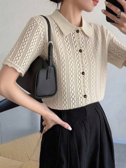 FRIFUL 女士纯色薄纱蕾丝纹理衬衫领短袖休闲开衫，适合春夏穿着