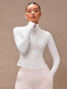 Lumalex Zip-Up Sporty Jacket, Plain Color Minimalist Casual Everyday Wear - White - View 8