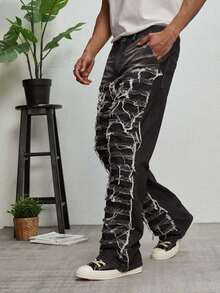 GALLERY FADE Men's Casual Washed Frayed Flare Leg Jeans - Black - View 4