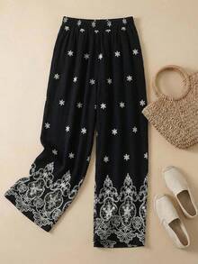 Rusticease Women's Floral Embroidery Pattern Casual Versatile Daily Wear Wide Leg Pants - Multicolor - View 3
