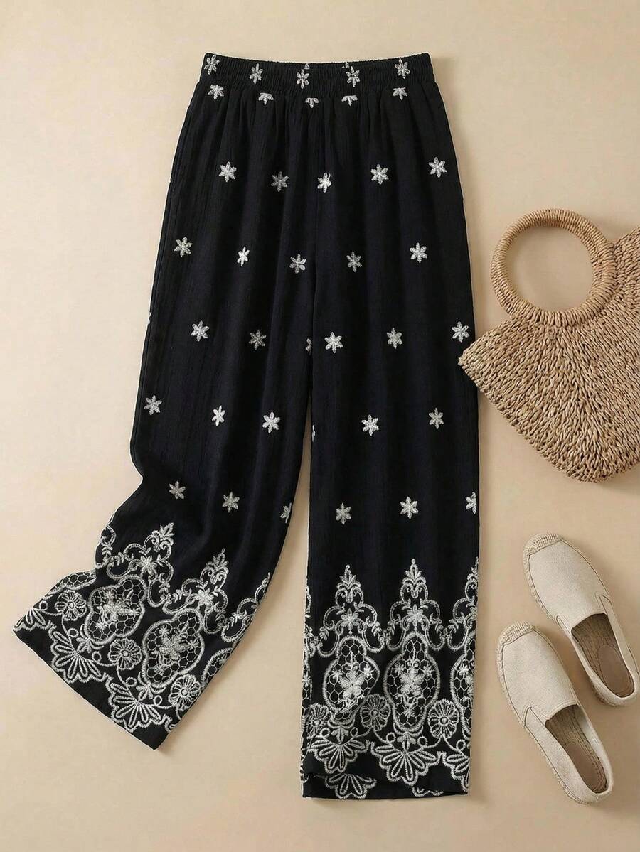 Rusticease Women's Floral Embroidery Pattern Casual Versatile Daily Wear Wide Leg Pants - Multicolor - View 1