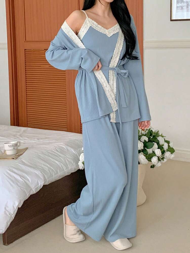 3pcs Set Sweet Contrast Color Embroidered Lace Decor Camisole & Pants Women Sleepwear Suit