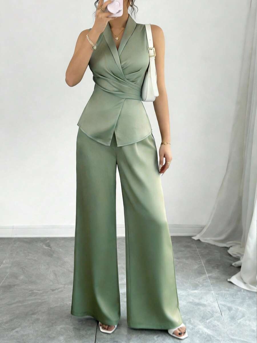 Selianne Women's Luxury Casual Pleated Sleeveless Shirt And Wide Leg Pants Set, Elegant Outfit - Green - View 1