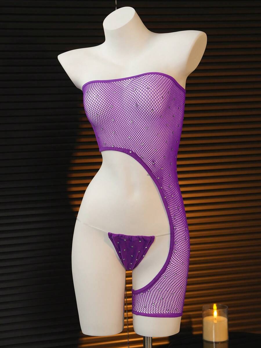 2件套性感迷人不对称设计水钻装饰透视连体裤+丁字裤女士内衣套装 - 紫色 - 查看 1