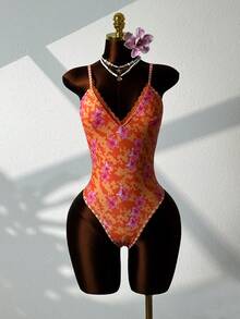 Swim Vcay 夏季新款橙黄底红色花朵深V领连体泳衣，撞色滚边，带胸垫，可调节肩带，可爱甜美，适合水疗、海滩、度假、生日派对等场合 - 亮橙色 - 查看 5