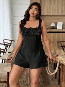Weeklong Plus Size Women's Spring/Summer Square Neck Floral Decor Short Casual Outfit - Black - View 5