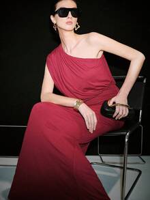 Lumivelle Women's Solid Color Pleated Long Dress With One Shoulder - Burgundy - View 3