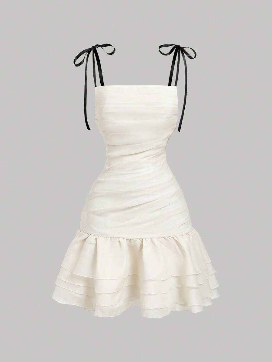 SHEIN MOD Women's Khaki Fitted Ruffled Bubble Hem Organza Mini Dress, Perfect For Valentine's Day, Dates, Vacations, Weddings, Birthday Dress. - Apricot - View 1