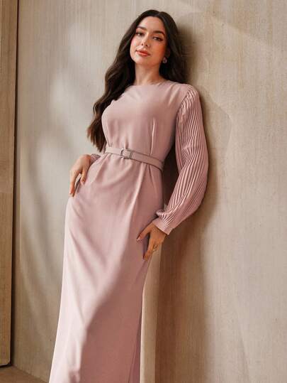 Graceveil Women's Solid Color Round Neck Pleated Long Sleeve Elegant Dress
