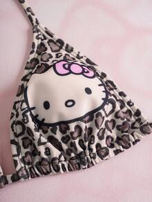 HELLO KITTY AND FRIENDS | SHEIN 女士性感豹纹露背系带比基尼套装，配抽绳褶皱罩裙，三件套泳装，夏季海滩度假 - 棕色 - 查看 9