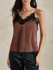 Briarwyn 2026 New Arrive Women's Contrast Color Lace Patchwork Spaghetti Strap Sleeveless Elegant Tank Top, Summer,Satin,Brown - Coffee Brown - View 3
