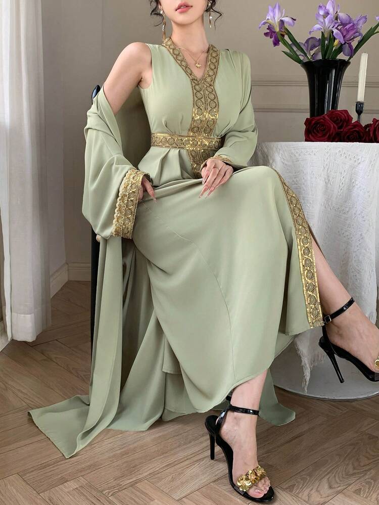 Women's Elegant Contrast Color Sequin Patchwork Robe & Robe Two Pieces Set, Spring/Summer