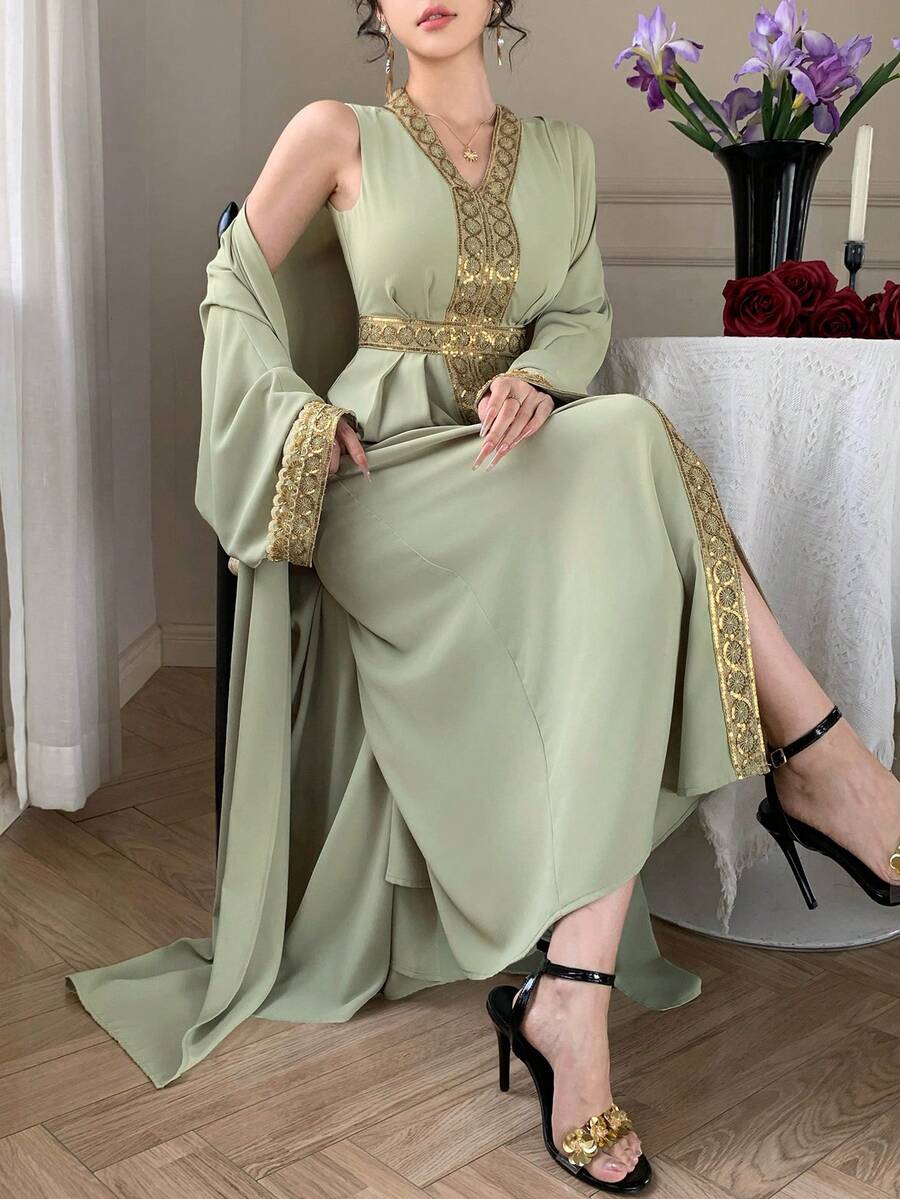 DAZY Women's Elegant Contrast Color Sequin Patchwork Robe & Robe Two Pieces Set, Spring/Summer - Green - View 1