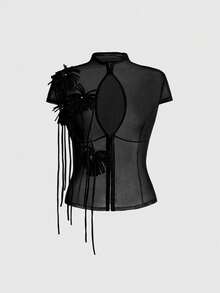 ROMWE Avant 新款中国风3D立体花卉装饰性感透视修身立领女式衬衫 - 黑色 - 查看 1