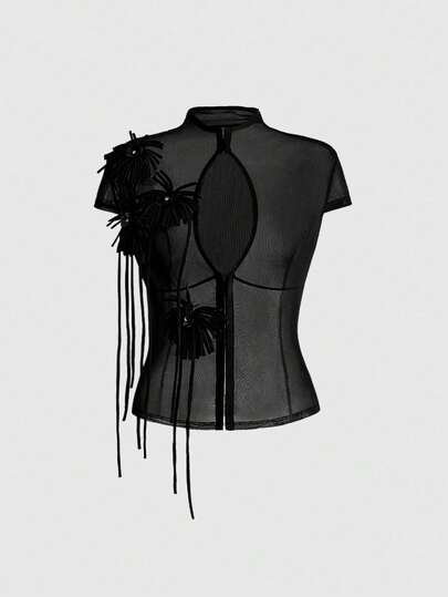 ROMWE Avant New Chinese Style 3D Floral Decor Sexy Sheer Fitted Mandarin Collar Blouse For Women