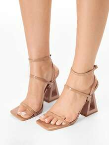 Glitzique 女士方头高跟夏季凉鞋，新款不对称高跟露趾高跟鞋，舒适时尚系带高跟鞋，杏色 - 杏色 - 查看 8