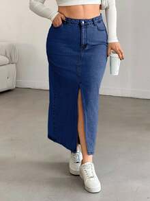EURMUSE Plus High Waist Front Slit Denim Skirt - Medium Wash - View 5