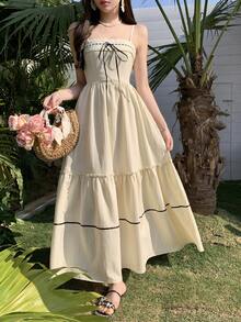 FRIFUL Women's Spaghetti Strap Lace Patchwork Bow Tie Front A-Line Dress, Vacation Style Maxi Dress - White - View 9