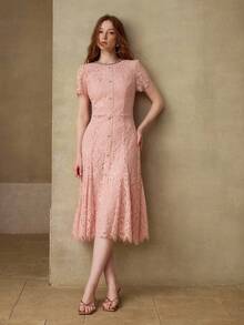MOTF PREMIUM NEW SUMMER PINK BOW DECOR PEARL ROUND NECK LACE DRESS, ELEGANT LACE DRESS FOR WOMEN - Pink - View 7
