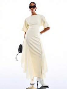 LYSMO 女士纯色圆领短袖收腰优雅长裙 - 淡黃色 - 查看 5