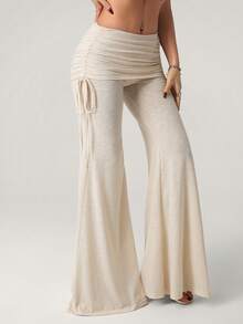 SHEIN ICON Quần ống loe màu trơn dành cho nữ, cạp gập, có dây rút bên hông. - Màu be - Xem 3