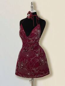 SHEIN ICON Summer Vacation Beaded Backless Draped Neck Mini Dress, Wine Red, For Outing, Party, Gathering - Burgundy - View 3