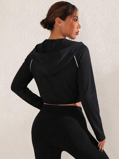  Top deportivo corto para mujer Dewbera - Mangas largas tipo raglán, diseño con capucha, bajo ajustable con hebilla de resorte, adecuado para actividades al aire libre, gimnasio, entrenamiento y yoga